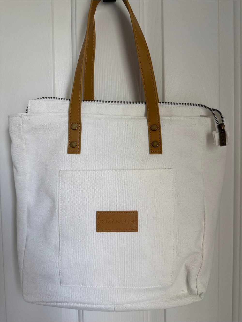 Set of 2 Cozy Earth White Canvas Totes with Tan Leather Handles